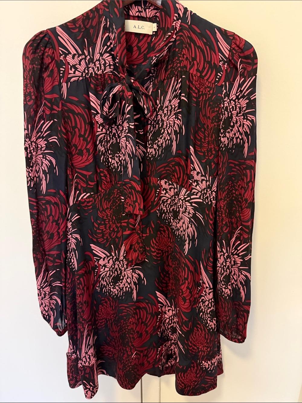 A.L.C. Bailey Silk Mini Dress w/Neck Tie in Floral Print on Black Background.